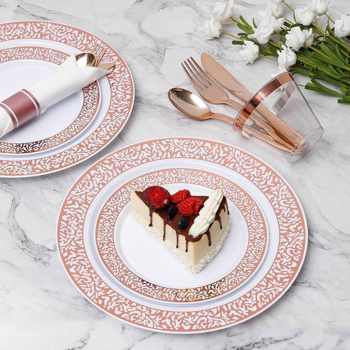 Goodluck 350 Piece Rose Gold Plastic Dinnerware Set for 50 Guests, Disposable Lace Plates for Party, Include: 50 Rose Gold Party Plates, 50 Dessert Plates, 50 Pre Napkins with Silverware, 50 Cups