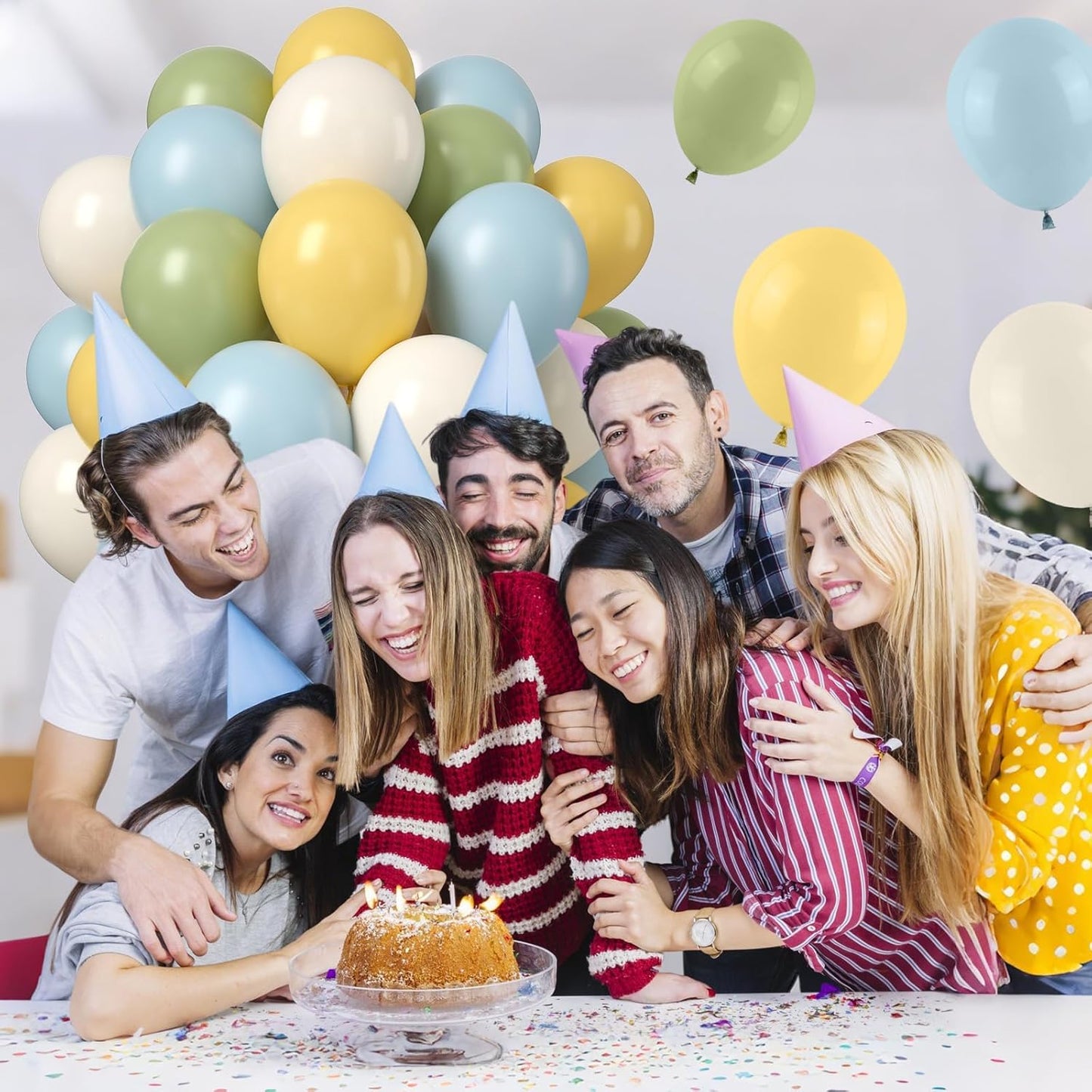 Sage Green Dusty Blue Yellow Balloons, 50PCS 12inch Olive Green Macaron Yellow Mist Blue White Sand Cream Latex Balloon for Birthday Wedding Baby Shower Party Deocrations Supplies