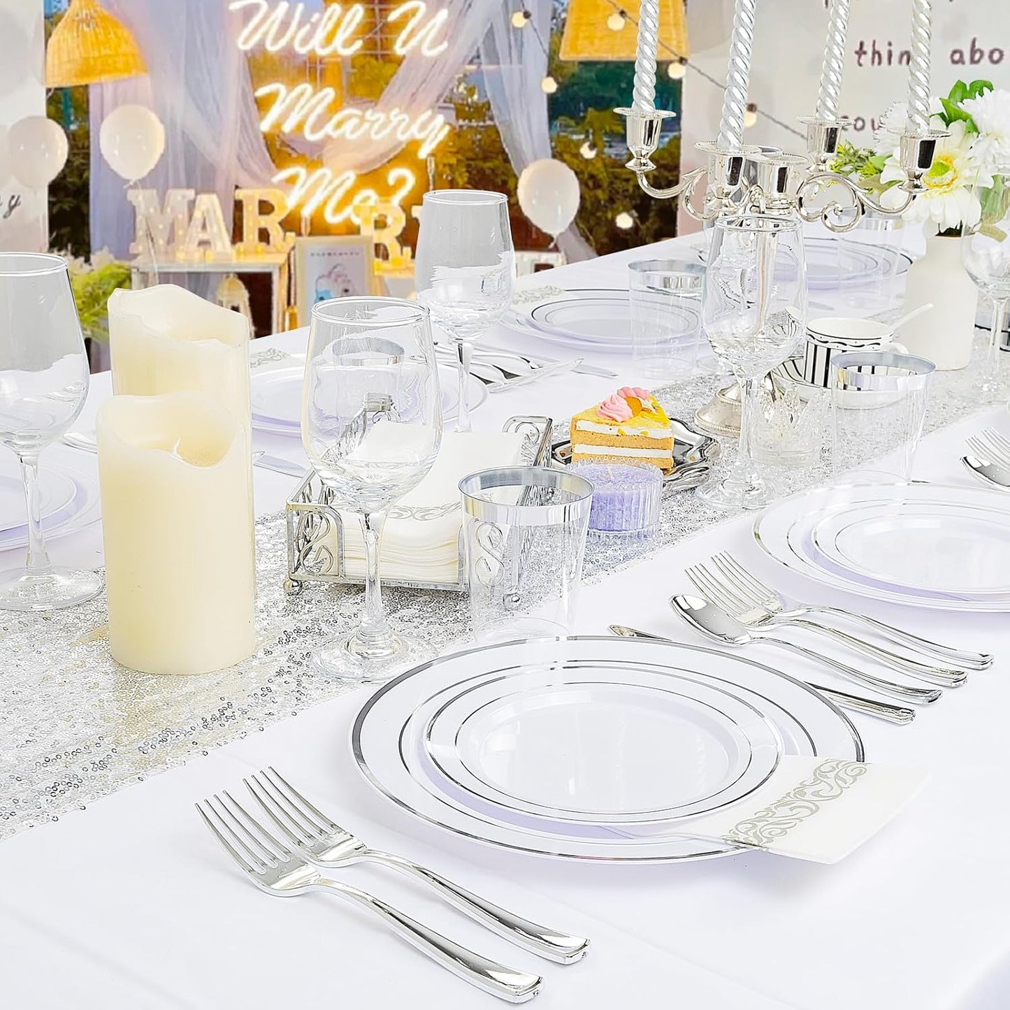 Supernal 400pcs Silver Plastic Dinnerware Set Heavy Duty Disposable Plates Include Silver Plastic Dessert Plates,50 Spoons & Knives & Cups & Napkins & 100 Forks,Prfect For Party and Wedding