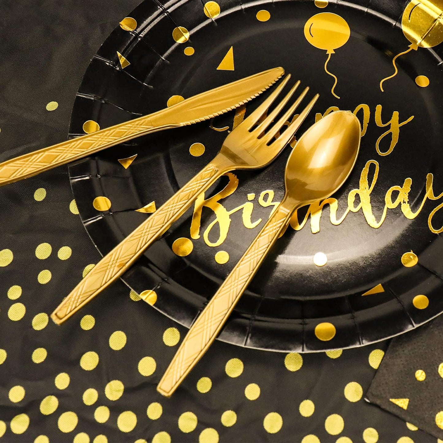 201 Pieces Gold Disposable Party Dinnerware Set &Golden Dot Birthday Black Paper Plates Napkins Cups, Gold Plastic Forks Knives Spoons (25 Guests)
