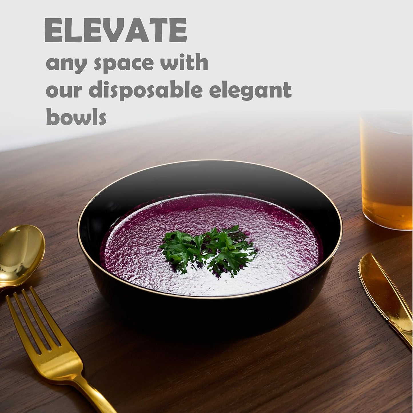 BloominGoods Disposable Plastic Soup Bowls, 50-Pack 14 Oz. Heavyweight Black With Gold Rim Bowls For Party, Wedding Or Event