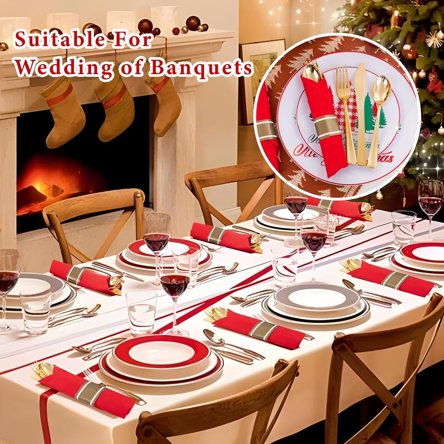 Supernal 30 Pack Gold Plastic Silverware with Red Napkins,Gold Silverware Disposable,Wrapped Plastic Cutlery Set with Napkin,Pre Rolled Silverware Set Disposable,Christmas Cutlery Suitable for Holiday