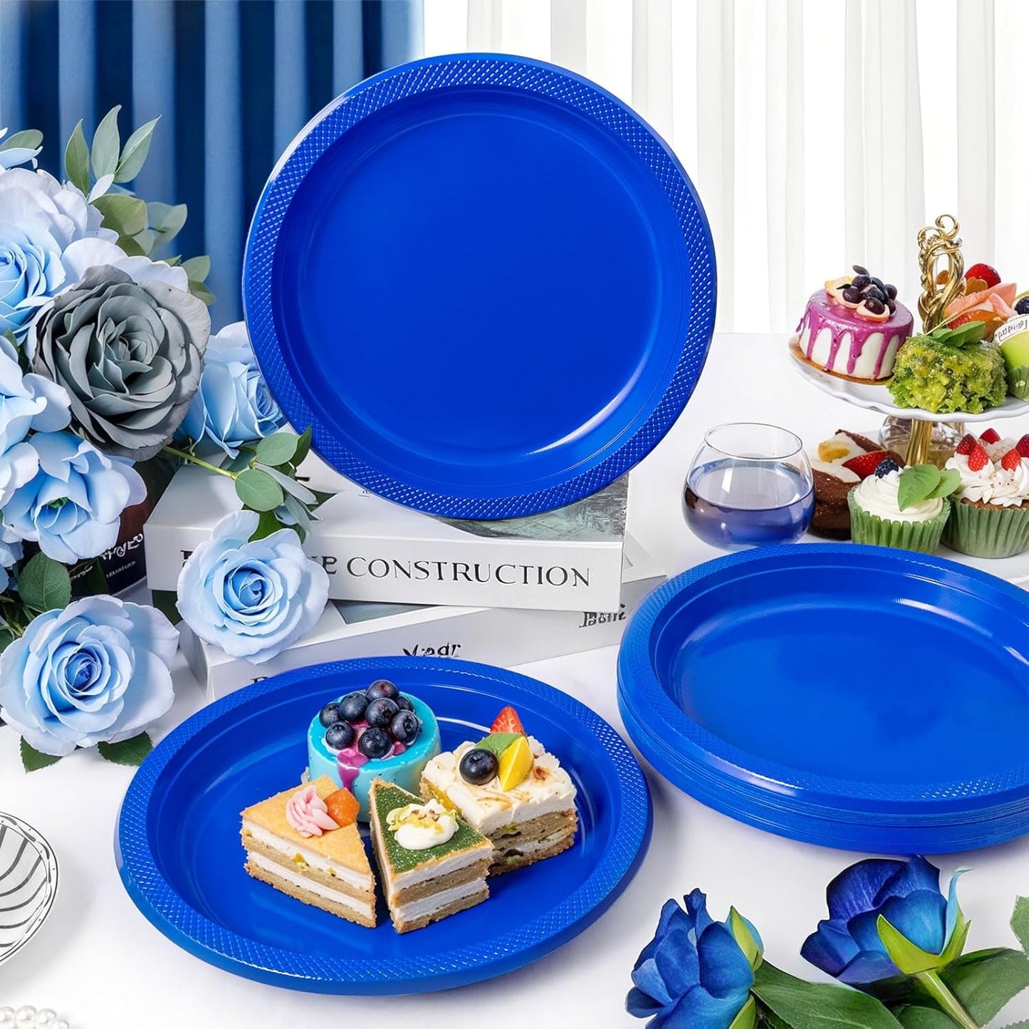WELLIFE Royal Blue Party Plates 10 Inch -150 Count, Disposable Plastic Dark Blue Dinner Plates for Party Dessert Cake Appetizer