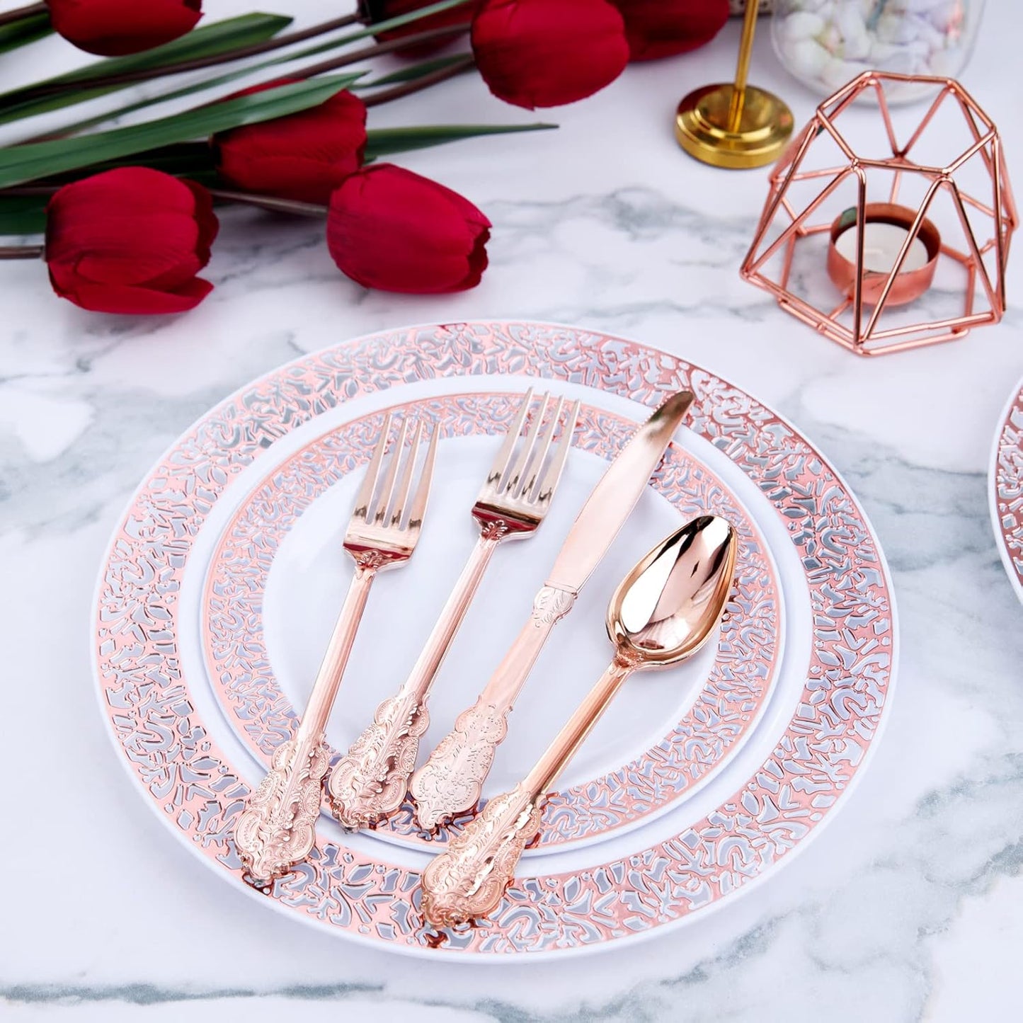 WDF150PCS Rose Gold Plastic Plates with Plastic Silverware