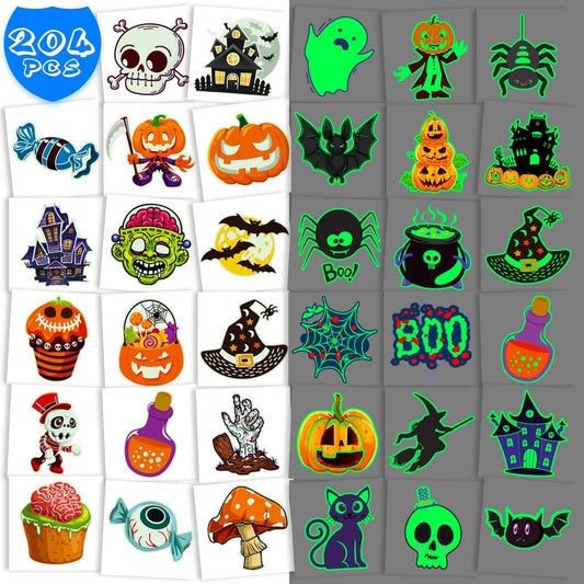 OLIKER 204 PCS Halloween Tattoos for Kids, Individually Wrapped Glow In the Dark Kids Tattoos Luminous Halloween Temporary Tattoos Stickers Party Decorations Supplies
