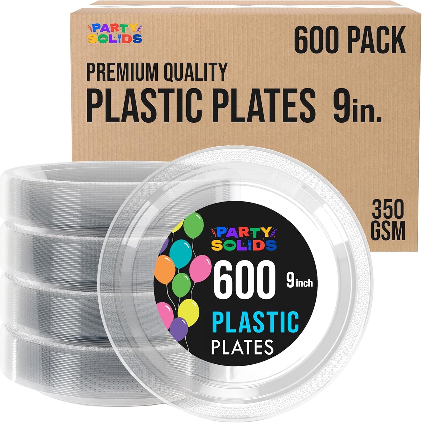 Exquisite Party Solids Clear Plastic Plates Bulk 9" Clear Disposable Plates For Party Supplies 600 Pcs Disposable Dinner Plate Heavy Duty 350 GSM Plate Sets, Plastic Dinnerware Sets