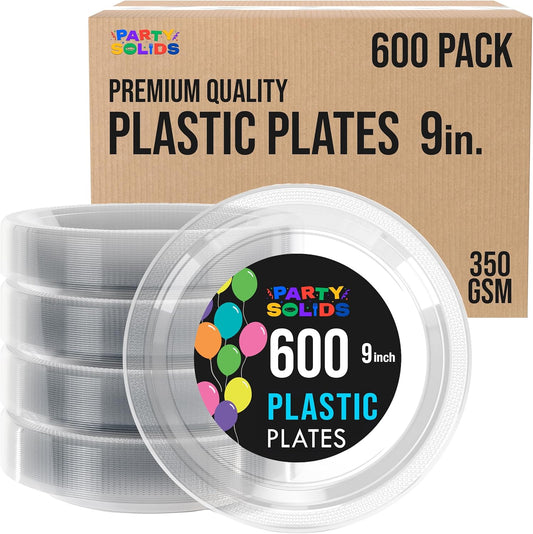 Exquisite Party Solids Clear Plastic Plates Bulk 9" Clear Disposable Plates For Party Supplies 600 Pcs Disposable Dinner Plate Heavy Duty 350 GSM Plate Sets, Plastic Dinnerware Sets