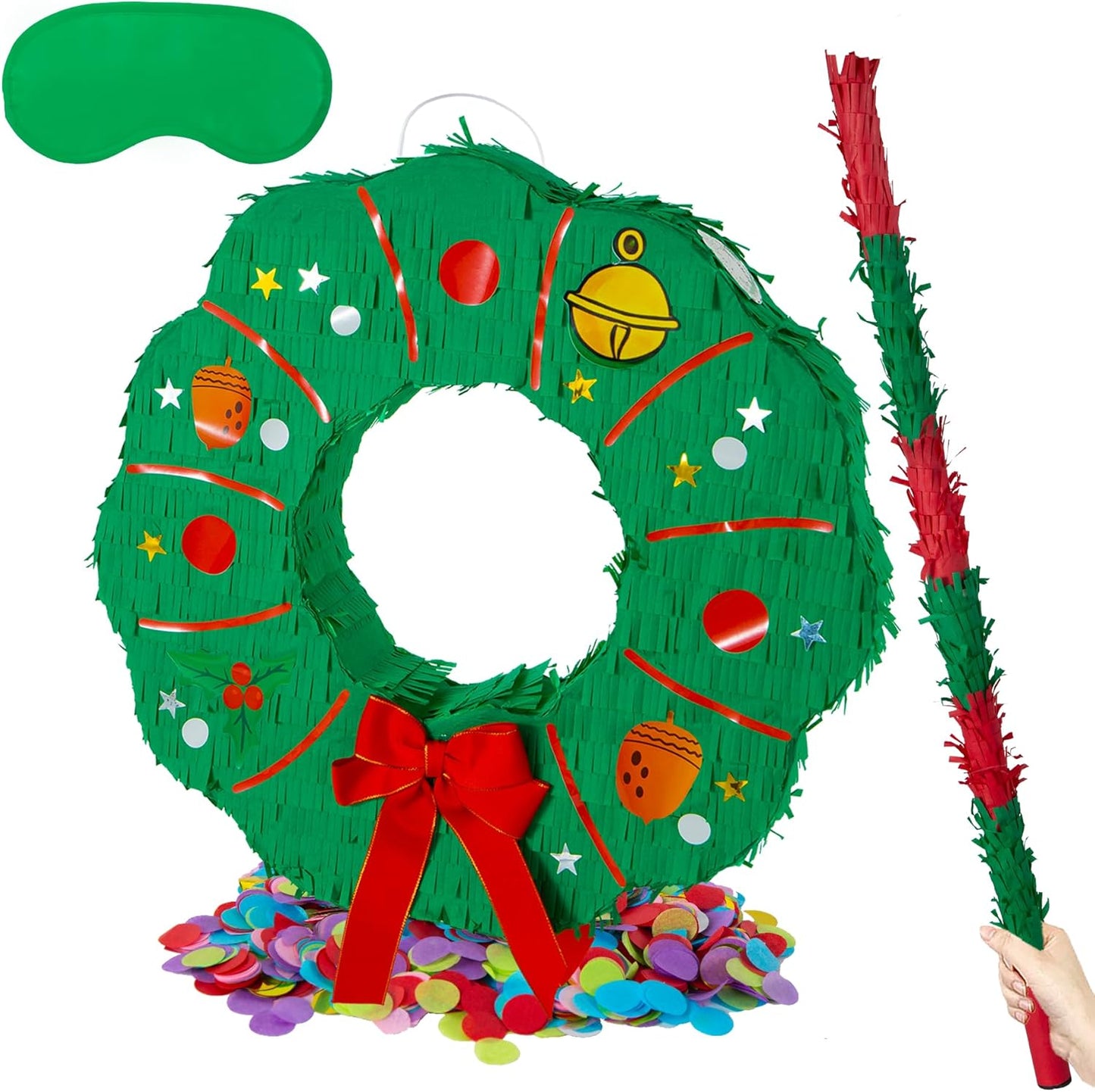PCFING 18 Inch Christmas Wreath Piñata with 30 Inch Piñata Stick Blindfold Confetti for Boy Girl Adults Xmas Party Game Decorations