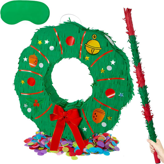 PCFING 18 Inch Christmas Wreath Piñata with 30 Inch Piñata Stick Blindfold Confetti for Boy Girl Adults Xmas Party Game Decorations