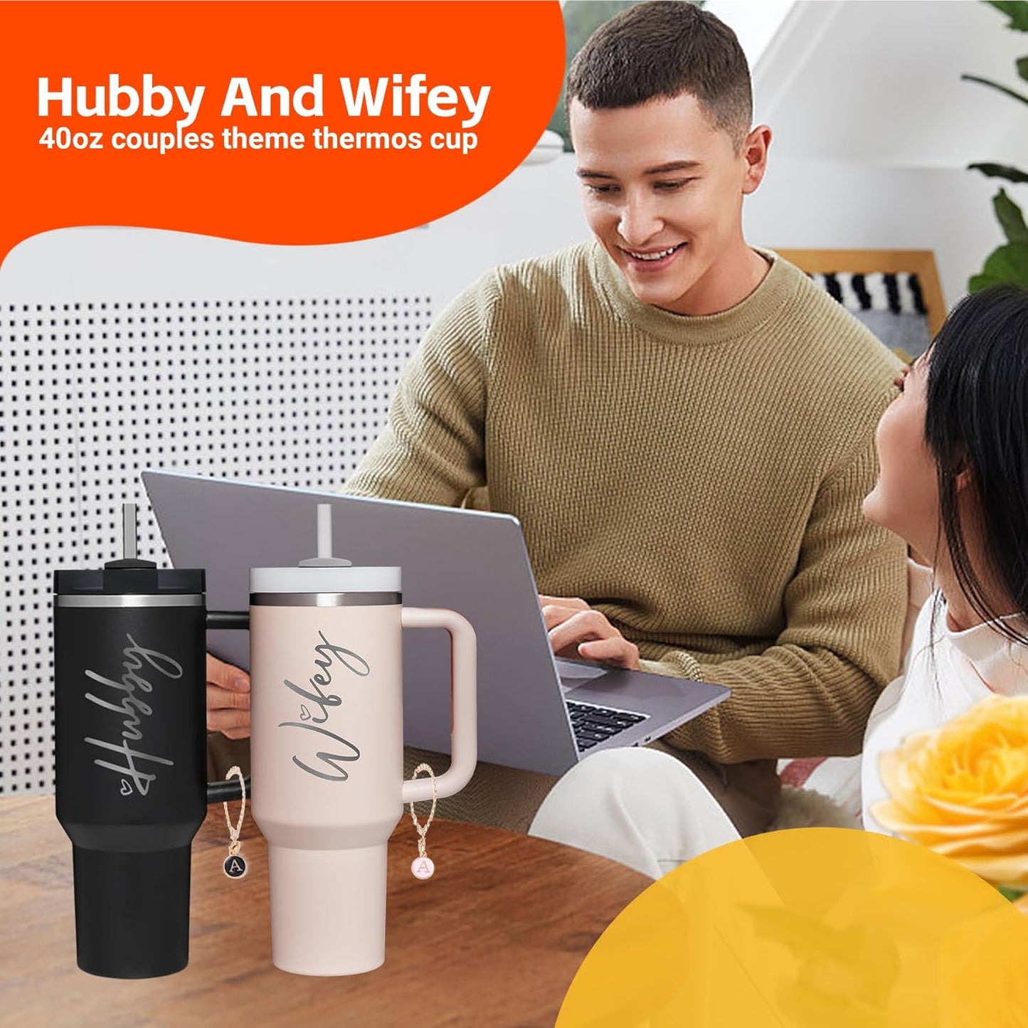 Wifey Hubby 40 oz Tumbler Cup for Couples with Handle Lids Straws Letter Charm Accessories 2 Pack Wedding Gifts for Couples 2024 Engagement gift Bridal Shower Gift for Bride Groom Newlyweds