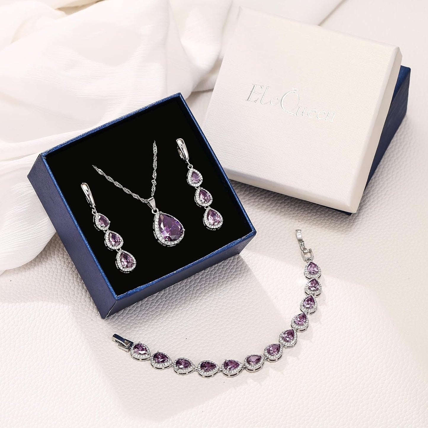 EleQueen Water Drop Pendant Necklace Long Dangle Earrings Tennis Bracelet Set, Sparkle Cubic Zirconia Teardrop Wedding Jewelry Sets for Bride Bridesmaid