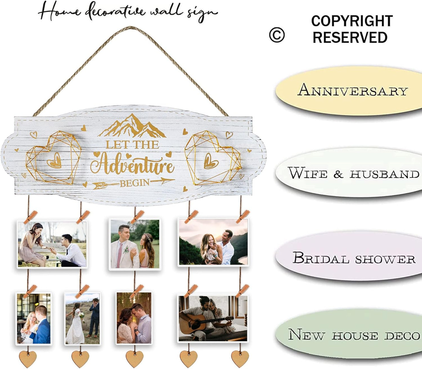 Yudarte Wedding Engagement Gifts for Women Bride to Be - Romantic Wall Picture Display Board with Clothespins and Twine for Newly Engaged Couples - Let the Adventure Begin