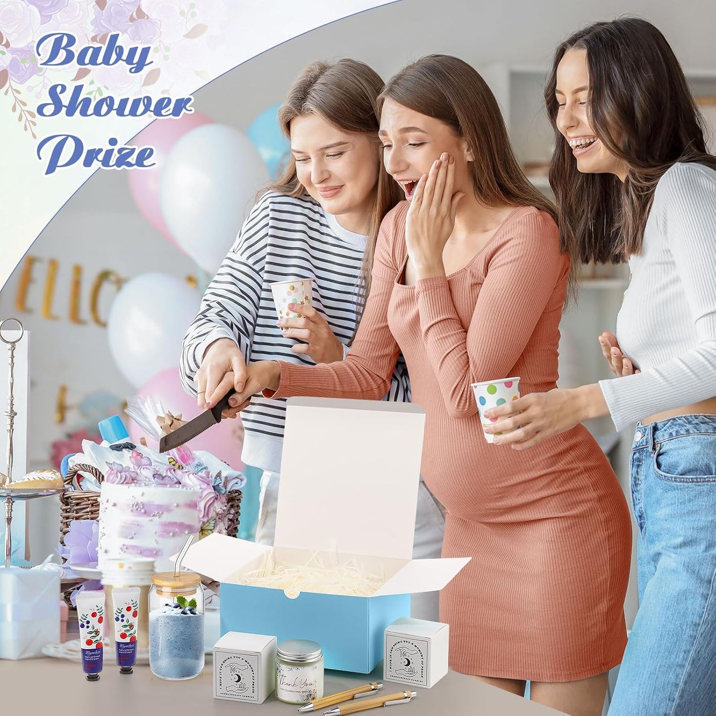 6 Sets Baby Shower Game Prizes for Winners, Glass Cup Scented Candles Hand Cream Pens Gift Box with Raffia for Baby Shower Wedding Bridal Favors for Guests(Blue)