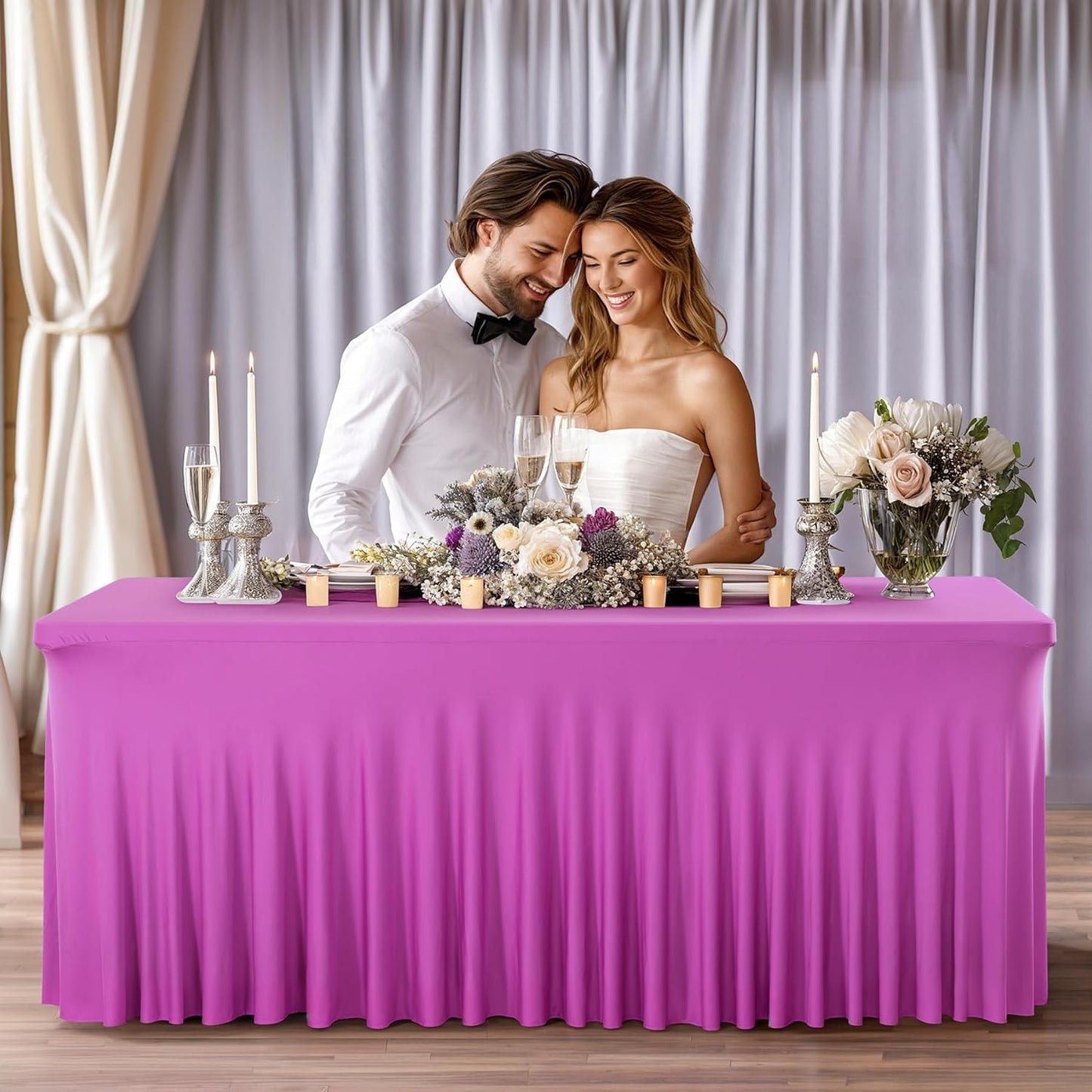 PARTISKY Fuchsia Spandex Tablecloth for 4ft Rectangle Tables, Stretchable Table Cover Skirt for Folding Tables Weddings Parties Banquets Events Trade Shows and Dessert Table