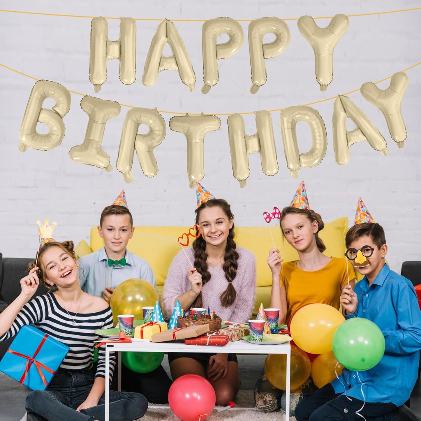 LIOZEOKUN Happy Birthday Balloon Letters 16 inch Mylar Foil Birthday Balloons Banner Sign for Birthday Party Decorations Supplies (Cream)