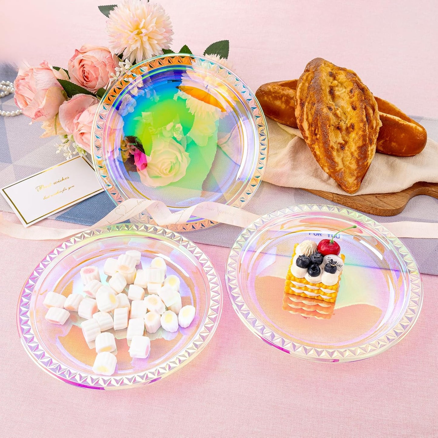 WELLIFE Iridescent Plastic Plates 9 Inch, 150 Count, Disposable Plastic Party Plates for Dessert Cake Easter Valentine's Day Wedding Birthday Bridal Disco Party Decor Baby Shower