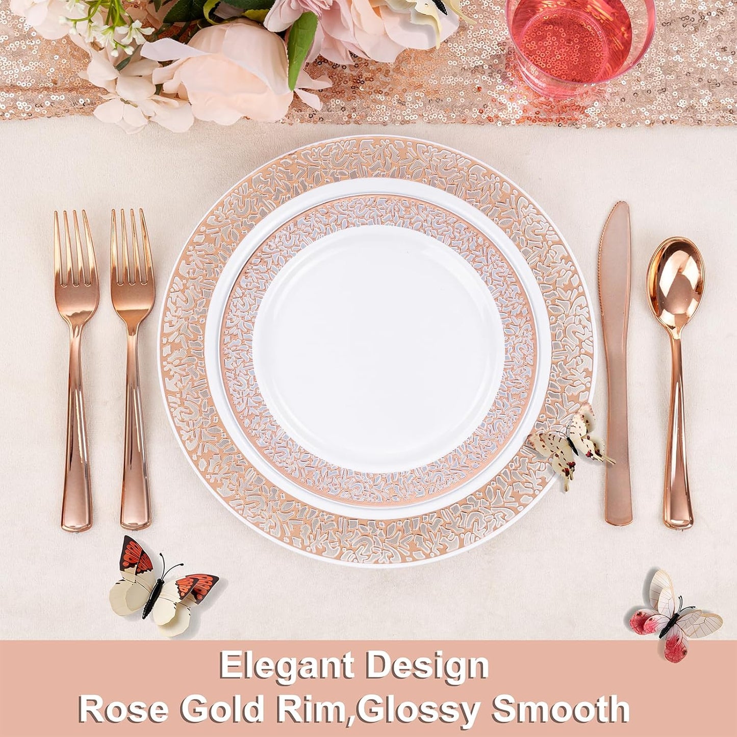 WELLIFE 350 PCS Rose Gold Disposable Dinnerware Set for 50 Guests, Disposable Rose Gold Lace Plates, Include:50 Dinner Plate, 50 Dessert Plates, 50 Pre Rolled Napkins with Silverware and 50 Cups