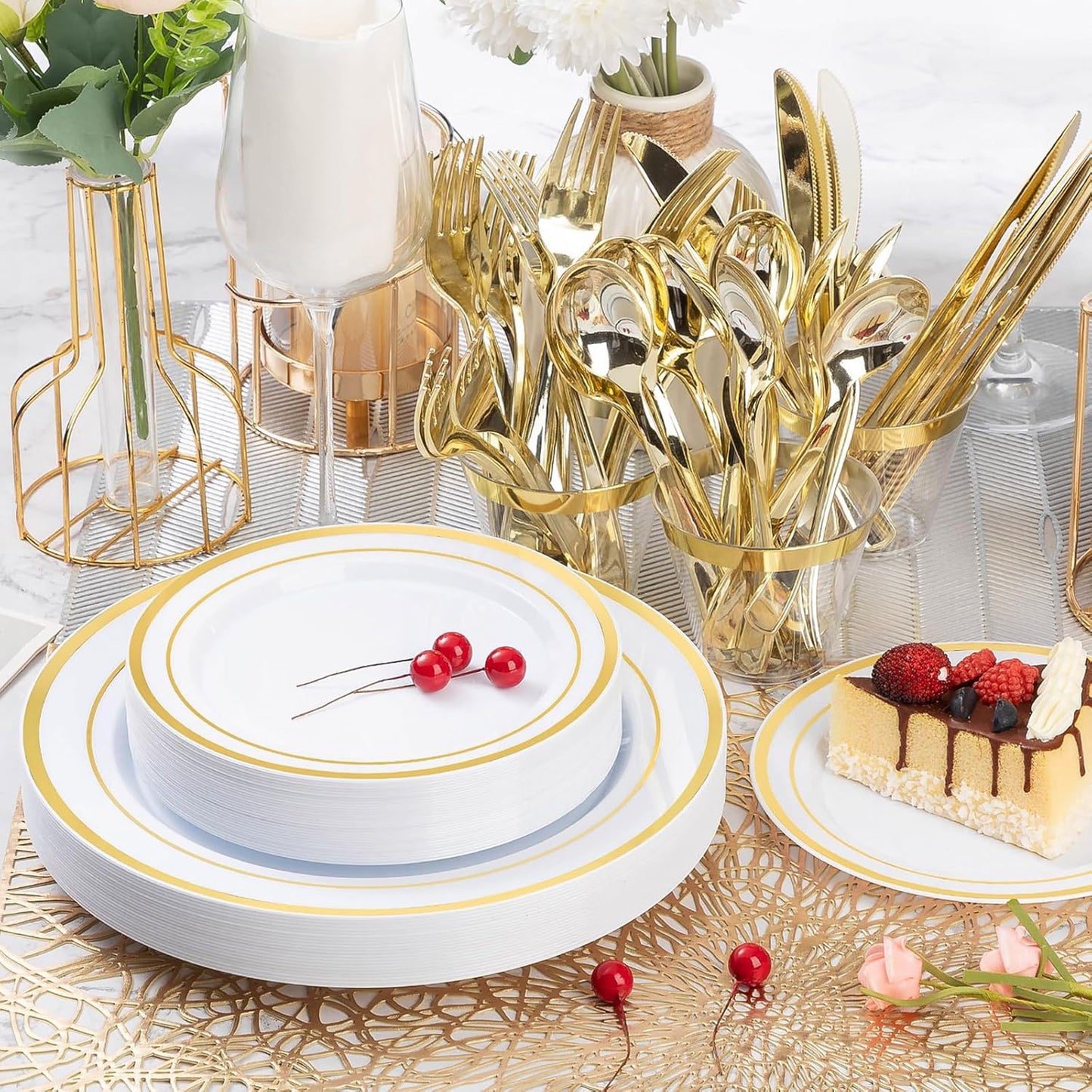 BESTVIP 600PCS Gold Plastic Plate Set (100 Guests), Plastic Plates for Party Wedding Birthday, Disposable Dinnerware Set of 200 Plates, 200 Forks, 100 Spoons, 100 Knives for Christmas, Thanksgiving
