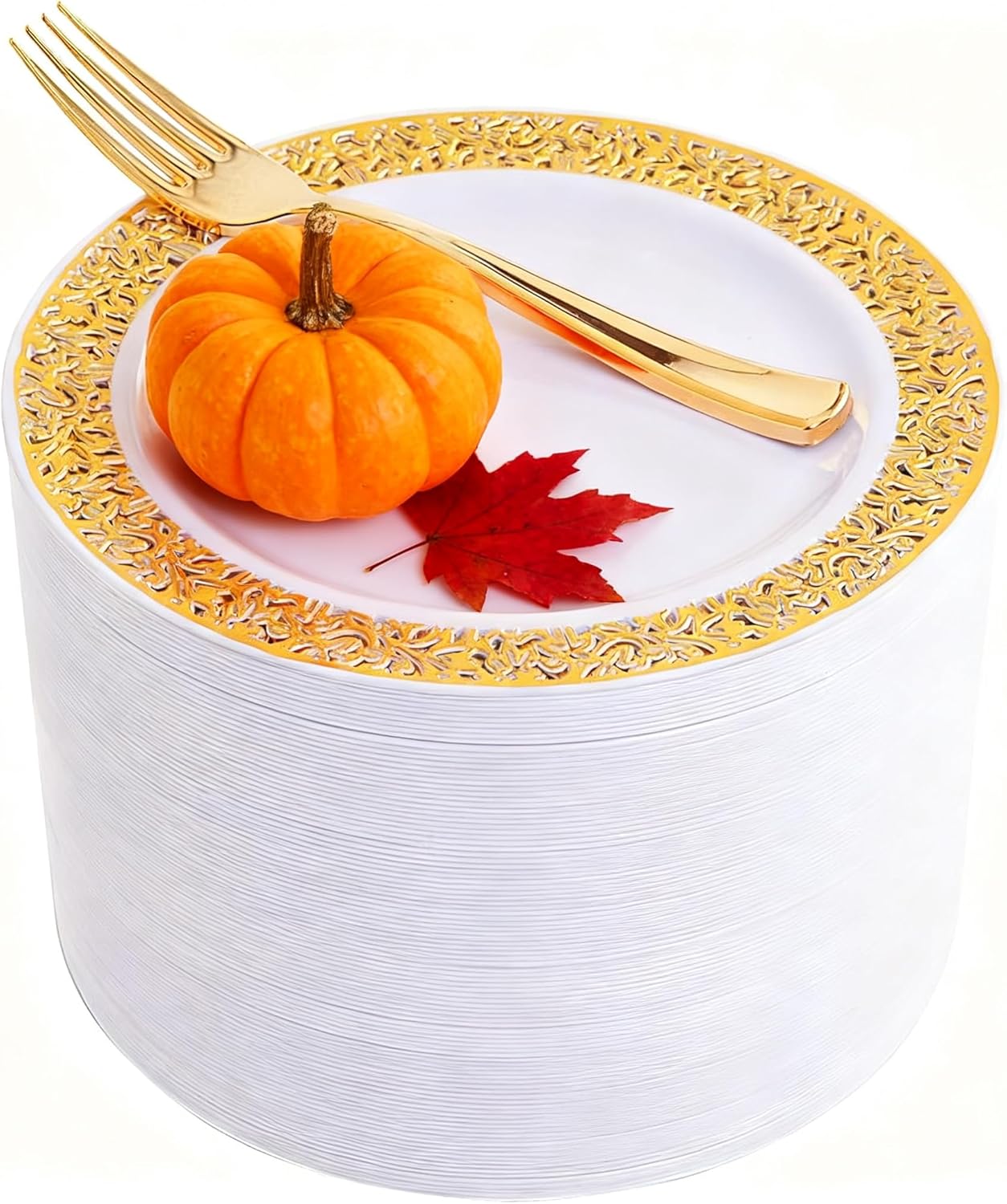 WDF 100pcs Gold Dessert Plates 7.5" with 100 Pieces Disposable Forks 7.4", Lace Design Fancy Appetizer Small Salad and Cake Plates for Thanksgiving Party/Weeding