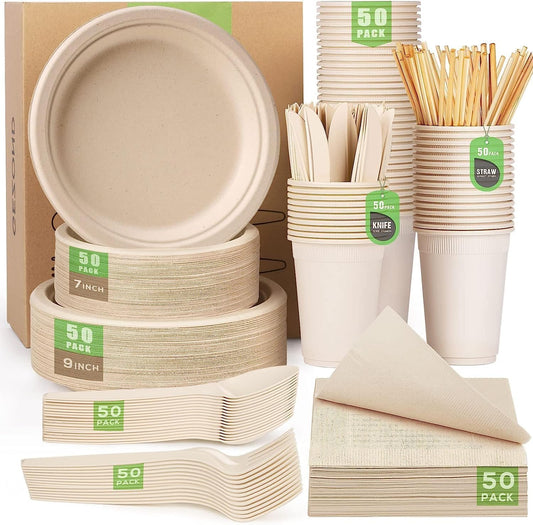 Gezond 400pcs Compostable Paper Plates Set Eco-friendly Heavy-duty Disposable Paper Plates Cutlery Includes Biodegradable Plate, Forks, Knives, Spoons, Cups and Straws for Wedding Party