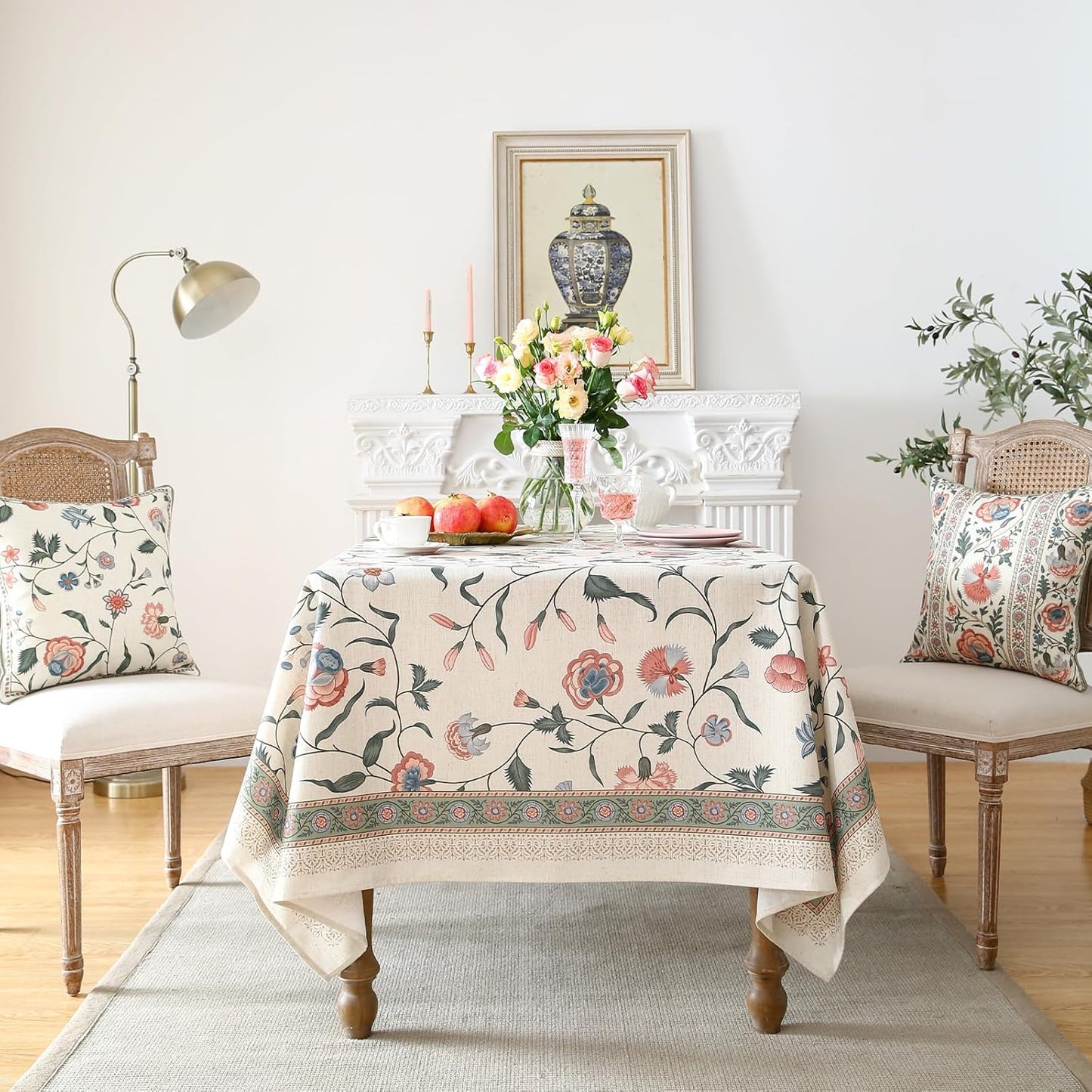 ISAENNE Designer Chinoiserie Linen Floral Table Cloth for Rectangle Table,White Wrinkle Resistant Tablecloth,Elegant Decor Tablecloths for Dining Thanksgiving Kitchen Party,55"*79"-Daffy