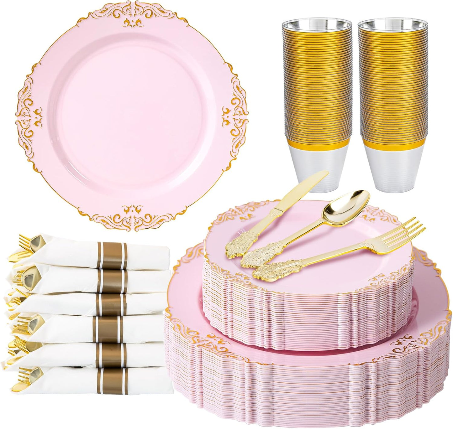 350pcs Gold Retro Dinnerware Sets Disposable, 50 Guests Heavy Duty Plastic Cutlery Sets, 100 Disposable Plates, 150 Silverware, 50 Cups, 50 Napkins for Wedding & Party, Pink