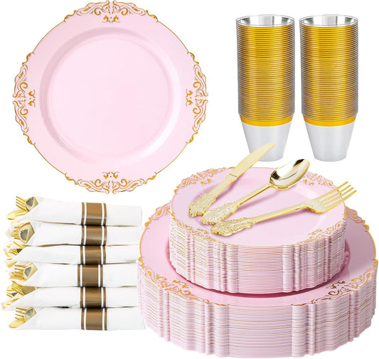 350pcs Gold Retro Dinnerware Sets Disposable, 50 Guests Heavy Duty Plastic Cutlery Sets, 100 Disposable Plates, 150 Silverware, 50 Cups, 50 Napkins for Wedding & Party, Pink