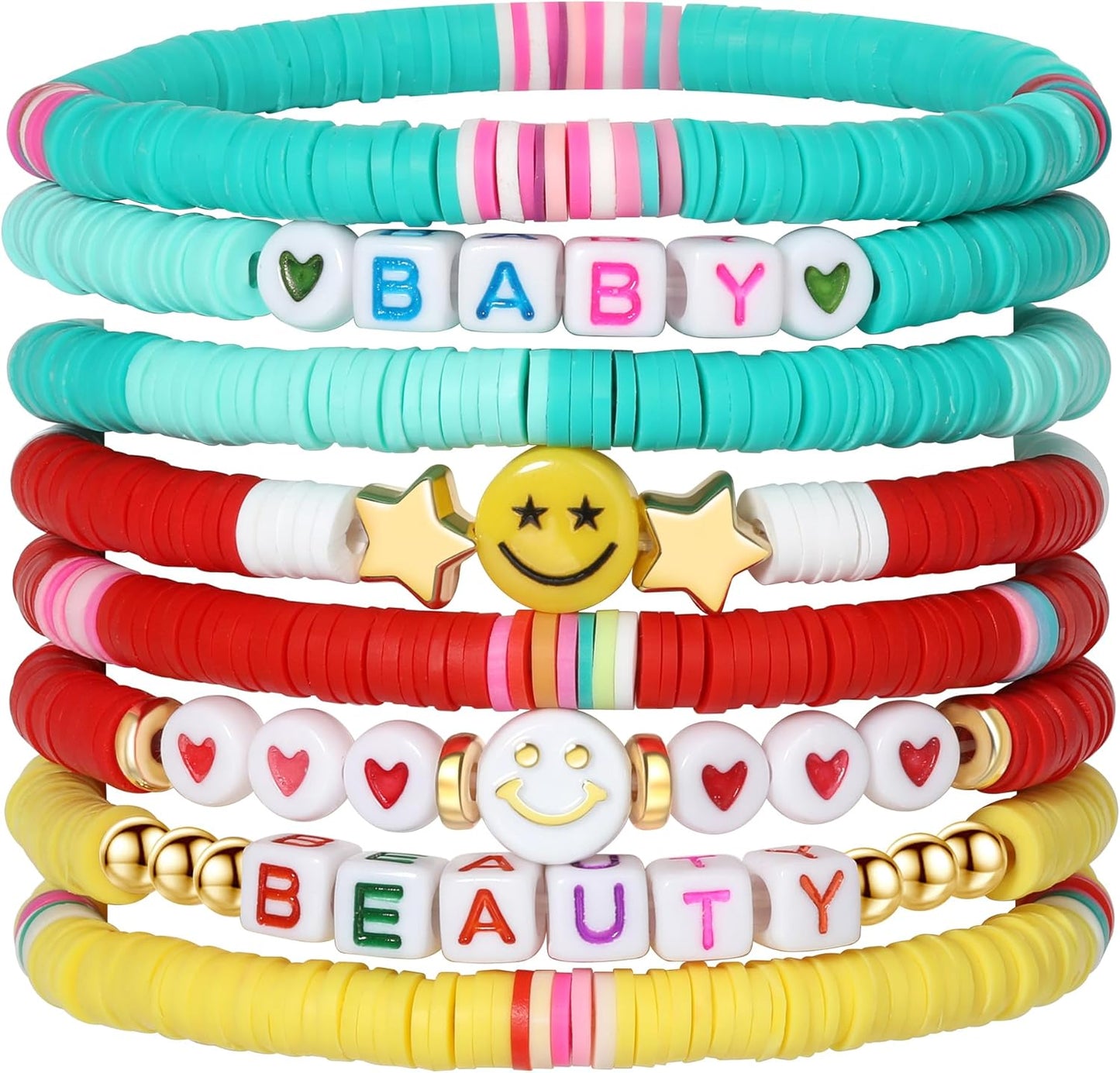 Preppy Bracelets Set Colorful White Gold Smile Heart Star Polymer Beaded Pearl Clay Stackable Charm Y2K Kidcore Aesthetic Summer Beach Bohemian Stretch Layering Bracelets Jewelry for Girls Women Teens