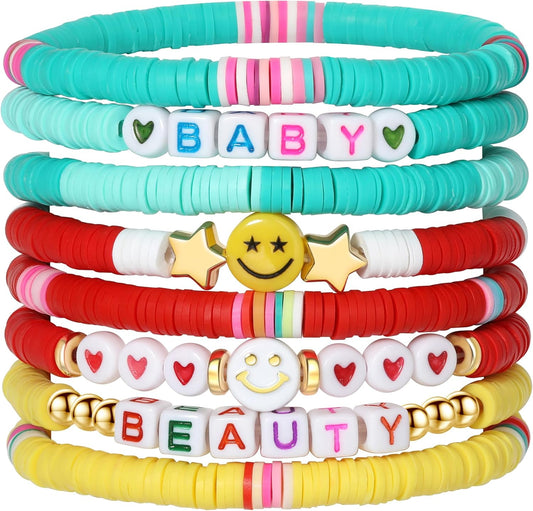Preppy Bracelets Set Colorful White Gold Smile Heart Star Polymer Beaded Pearl Clay Stackable Charm Y2K Kidcore Aesthetic Summer Beach Bohemian Stretch Layering Bracelets Jewelry for Girls Women Teens