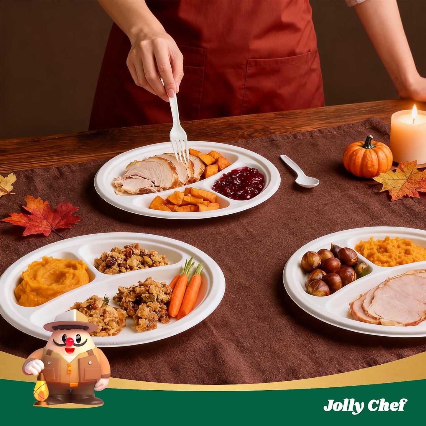 JOLLY CHEF Compostable 𝟯 Compartment Paper Plates 𝟭𝟬 𝗜𝗻𝗰𝗵 [𝟭𝟱𝟬 𝗣𝗮𝗰𝗸] Heavy Duty Divided Disposable Eco-Friendly Bagasse Biodegradable White Round Trays for Party Dinner Thanksgiving Day