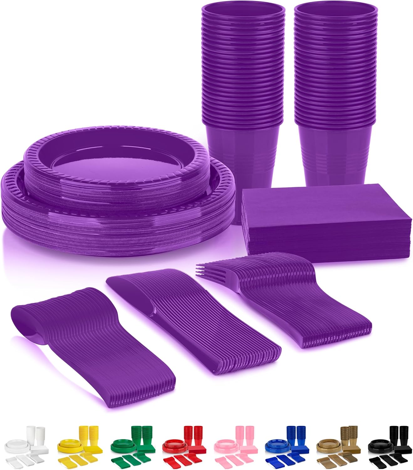 Grandipity 350 Piece Purple Disposable Dinnerware Set, Includes 50 of Each: 9" Dinner Plates, 7" Dessert Plates, 12oz Cups, Paper Napkins, Forks, Knives & Spoons