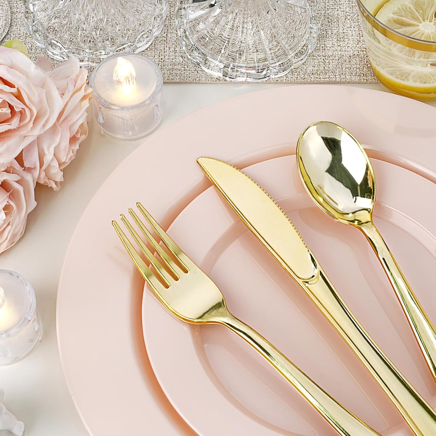 350 PCS Pink Plastic Dinnerware Set for 50 Guests, 100 Disposable Plates for Party, 50 Pre Rolled Napkins with Gold Silverware, 50 Cups for Wedding, Graduation