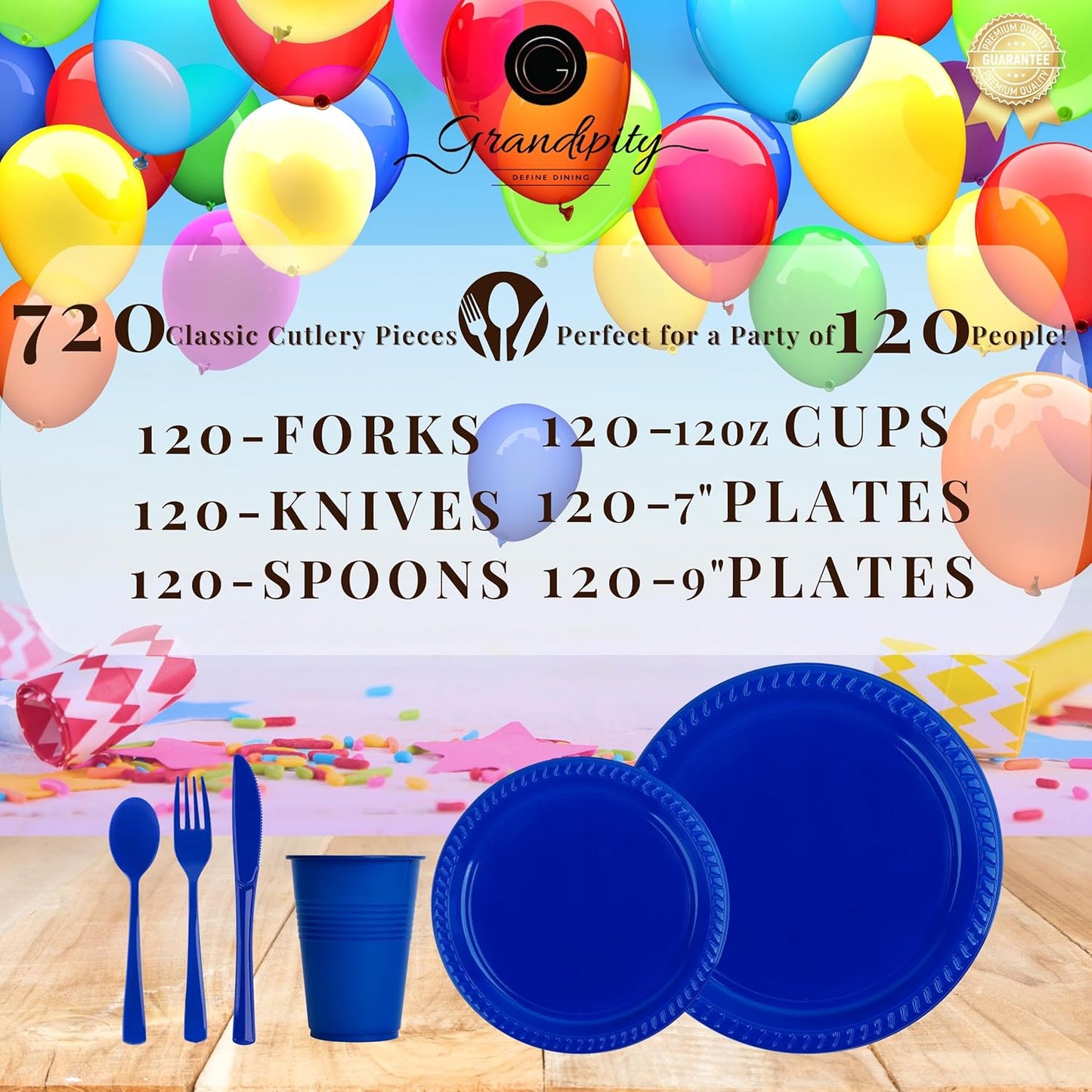 720 Piece Blue Disposable Dinnerware Set (120 Guests) Plastic Dinnerware Set Disposable - 120 Count, 9" Dinner Plates, 7" Dessert Plates, 12oz Cups, Forks, Knives & Spoons- Plastic Party Plates Set