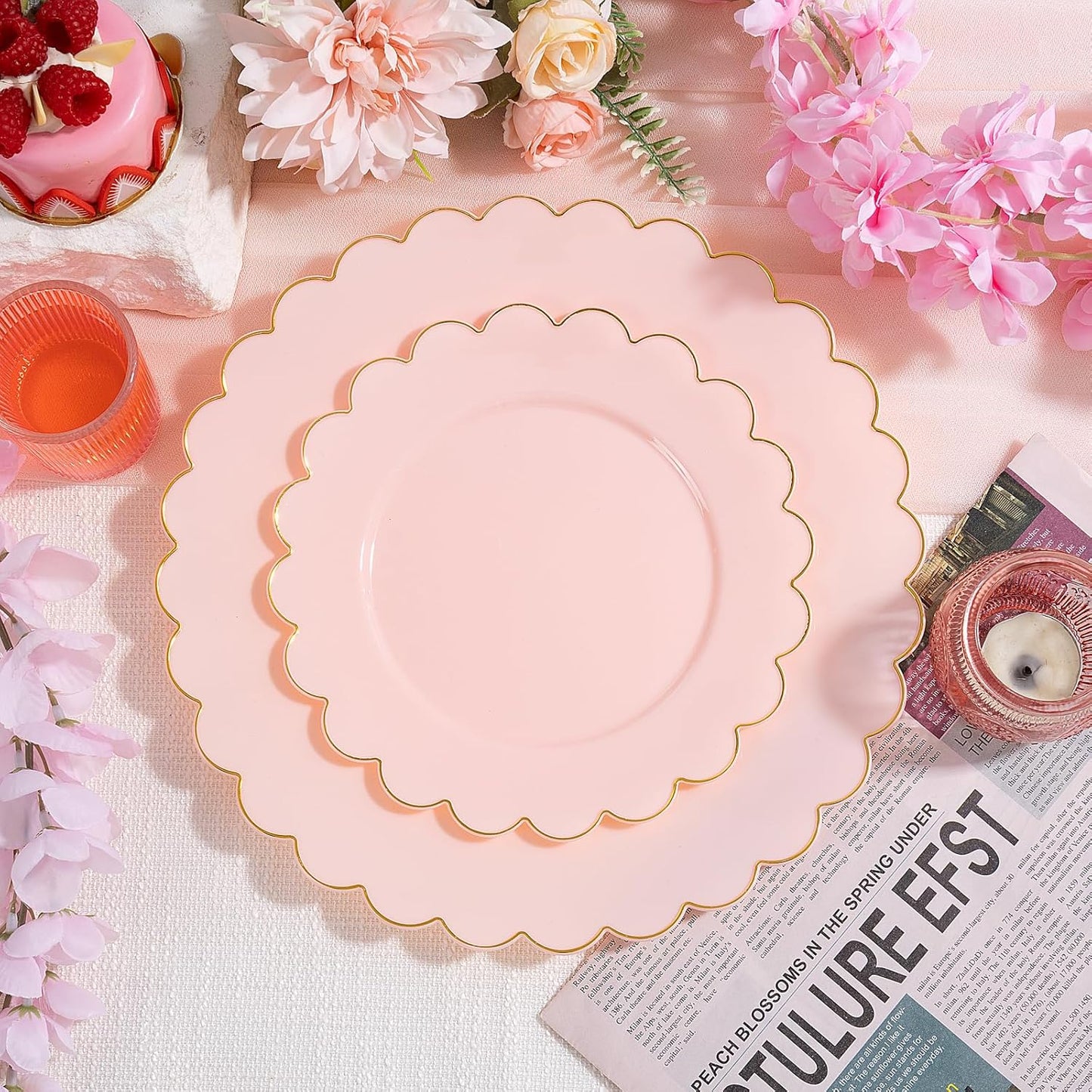 LIYH 120 Pcs Pink Plates Disposable Heavy Duty Gold Disposable Plates for Party Includes 60 Dinner Plate 10.25" & 60 Dessert Plate 7.5" Elegant Gold Rim for Bridal Shower Birthday