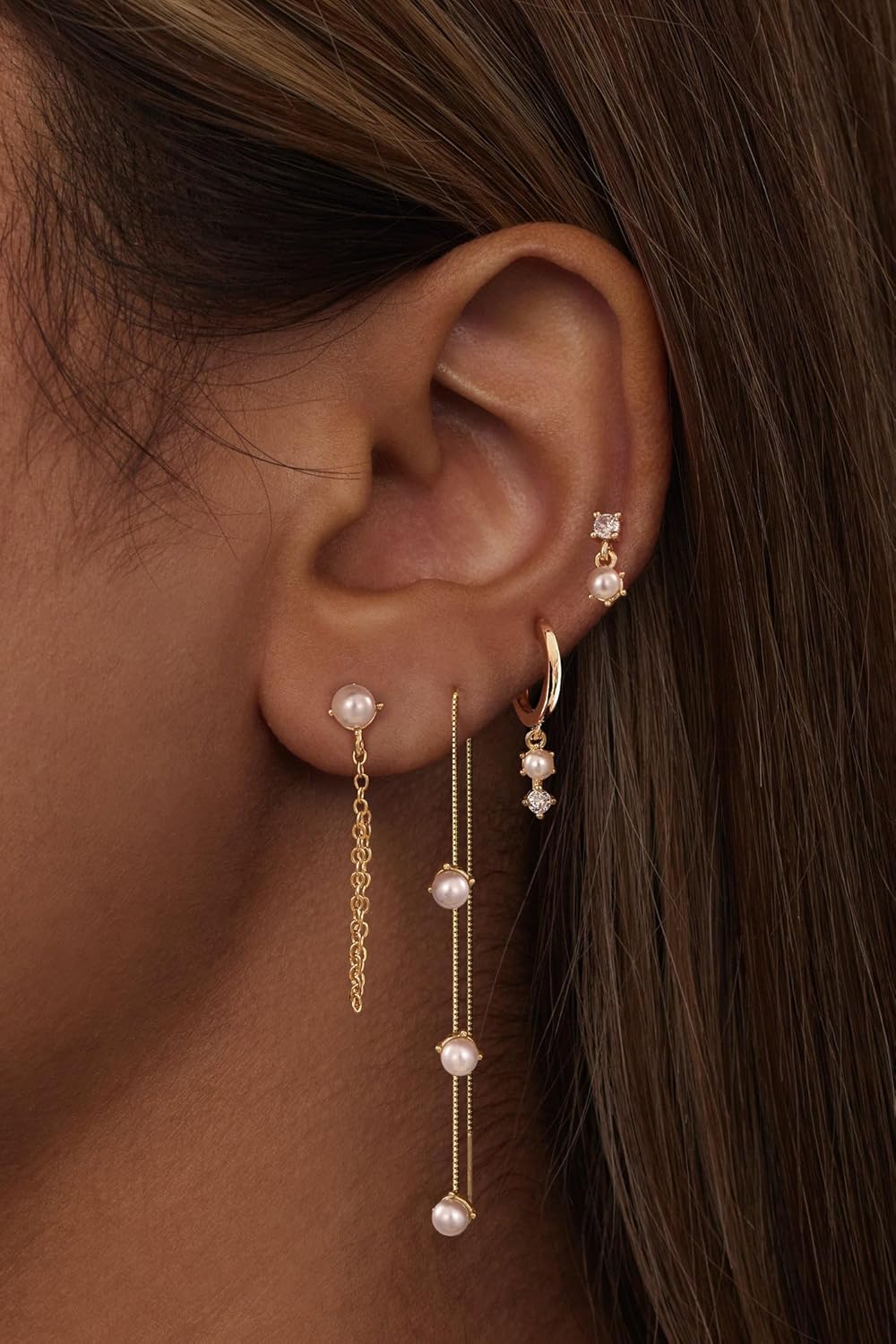 Moodear Gold Earrings for Women No Tarnish - Trendy 14K Gold Plated Pearl Hoop Studs Chain Earrings Stacks for Women Wedding Jewelry Gift