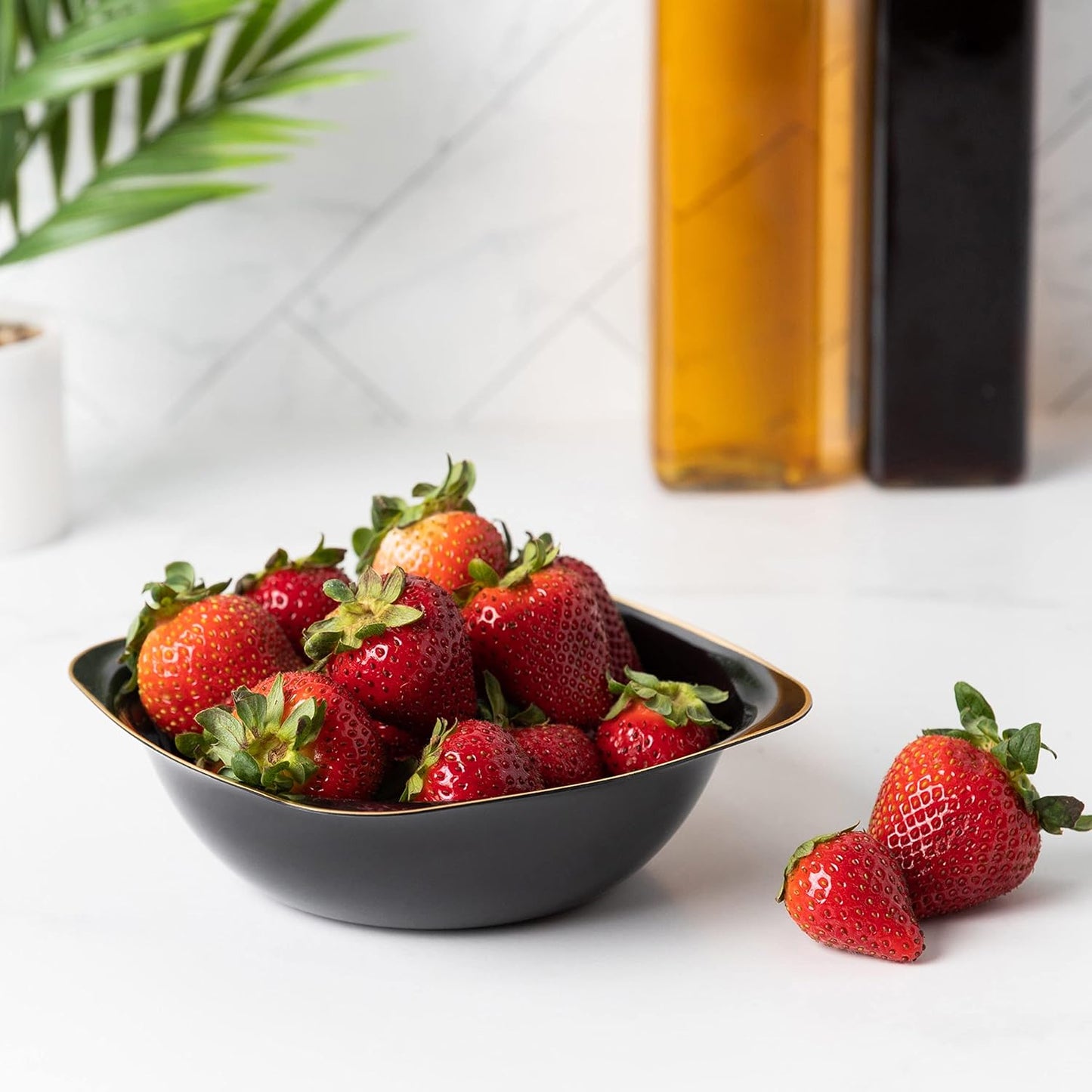 PLASTICPRO Black Plastic Organic Party Square Soup bowls Black With Gold Rim Elegant Disposable Tableware Dishes 16 OZ 32 Count