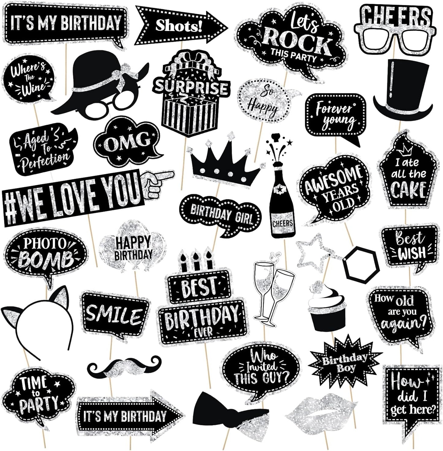 Outus 36 Pcs Birthday Photo Booth Props Kit Happy Birthday Graduation Wedding Party Favors Supplies Bday Party Decor 40th- 50th-60th Photobooth Funny Cute Holiday Selfie Supplies(Silver and Black)