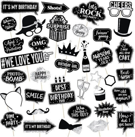 Outus 36 Pcs Birthday Photo Booth Props Kit Happy Birthday Graduation Wedding Party Favors Supplies Bday Party Decor 40th- 50th-60th Photobooth Funny Cute Holiday Selfie Supplies(Silver and Black)