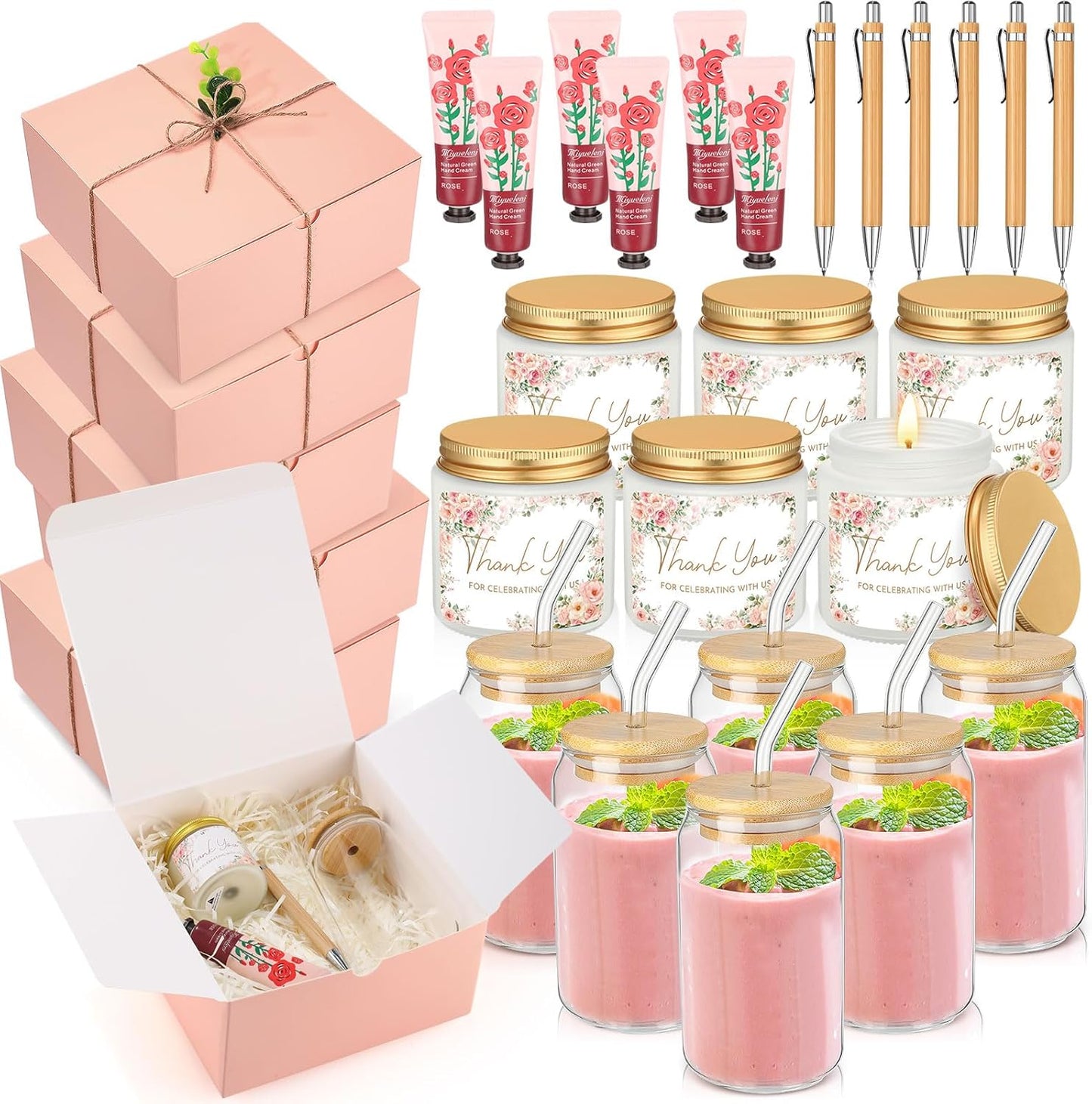6 Sets Baby Shower Game Prizes for Winners, Glass Cup Scented Candles Hand Cream Pens Gift Box with Raffia for Baby Shower Wedding Bridal Favors for Guests(Pink)