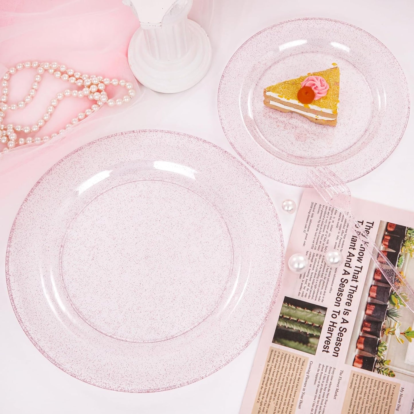 WDF 120pcs Pink Plastic Plates Disposable - Clear Pink Glitter Plates for Valentine's Day/Wedding including 60PCS Dinner Plates 10.25inch and 60PCS Salad Plates 7.5inch for Wedding/Party