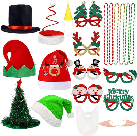21 Pcs Funny Christmas Party Photo Booth Props Kit - Includes 6 Christmas Hats, 6 Xmas Glasses, 6 Festive Necklaces, White Beard for Costume Party, Holiday Party Decor & Photo Booth Supplies