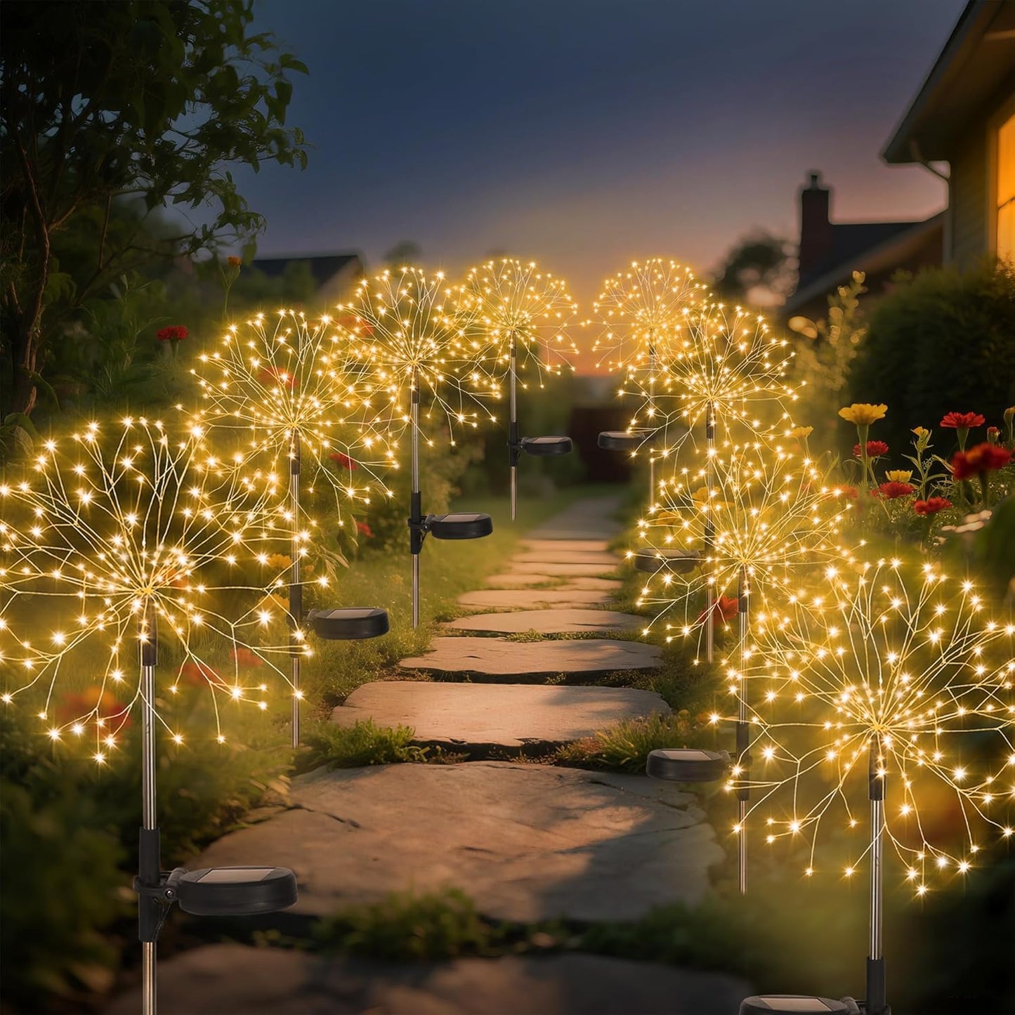 Solar Garden Lights Outdoor Yard Decorations, 8 Pack 150Leds Pathway Lights, Fairy Firework Stake Light for Garden, Patio, Pathway, Flowerbed Gold Color