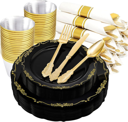 U-QE 175PCS Black Plastic Plates&Pre Rolled Napkins with Gold Cutlery, Black and Gold Plastic Dinnerware Set for 25Dinner Plates, 25Dessert Plates, 25Cups, 25Gold Silverware Sets, 25Napkins for Party