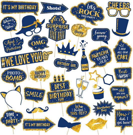 Outus 36 Pcs Birthday Photo Booth Props Kit Happy Birthday Graduation Wedding Party Favors Supplies Bday Party Decor 40th- 50th-60th Photobooth Funny Cute Holiday Selfie Supplies(Gold and Blue)