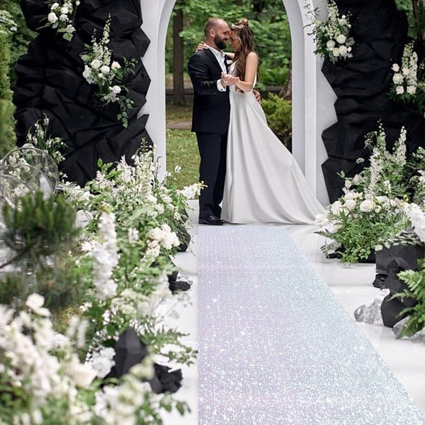 PartyDelight Wedding Aisle Runner Iridescent White 2.6FTx15FT Sequin Carpet Sparkly Rug for Ceremony Indoor Outdoor Engagement Decoration