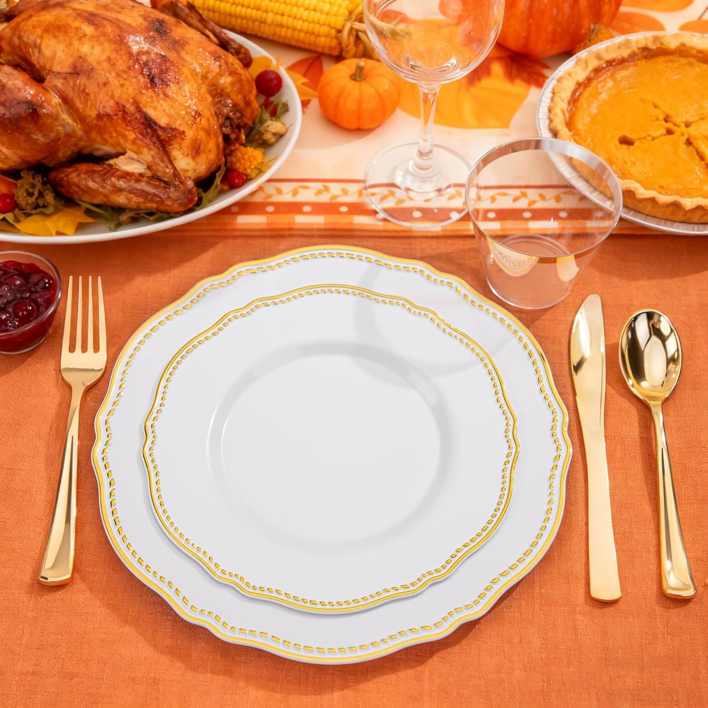 Hioasis 175pcs White and Gold Plastic Plates - Gold Plastic Dinnerware Set Includes 25 Dinner Plates, 25 Dessert Dinnerware, 25 Cups, 25 Rolled Napkin Cutlery Perfect for Thanksgiving & Party