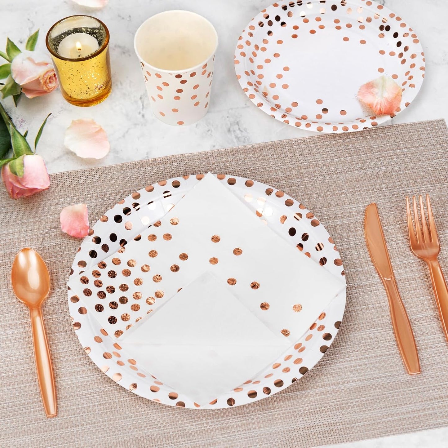 Party Supplies Set - 210 Pieces of White and Rose Gold Dot Paper Plates, Cups, Napkins, and Heavy Duty Silverware for 30 Guests for Birthdays, Graduation, Wedding, Festivals