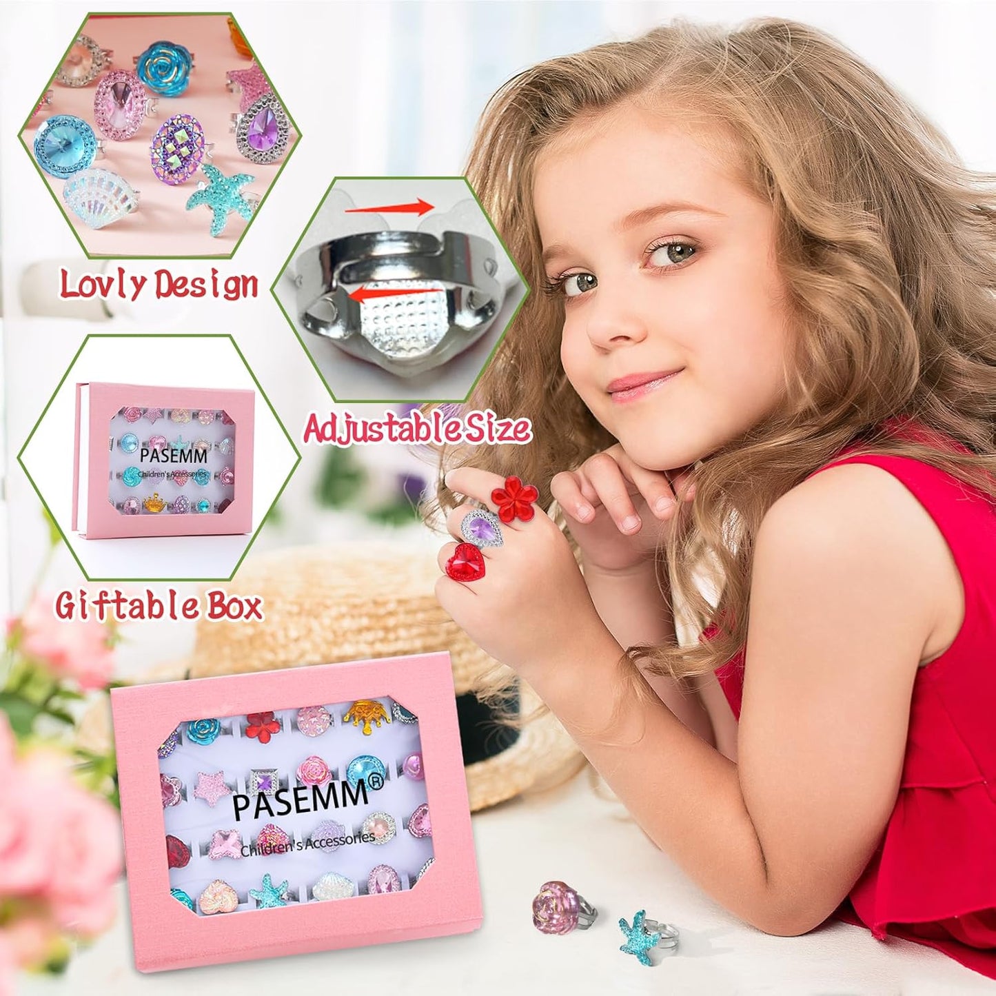 24pcs Little Girl Jewel Rings, Adjustable, No Duplication Kids Play Ring in Box,Pretend Play and Dress Up Rings for 4-12 Year Old Girl Birthday Christmas Gifts,3 4 5 6 7 8 9 10 11 12 Year Old