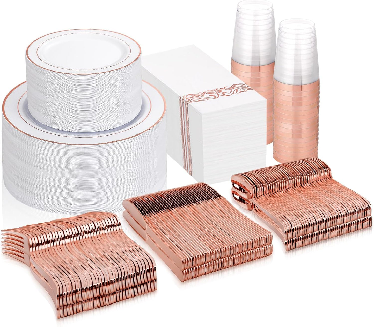 Supernal 400pcs Rose Gold Plastic Plates Disaposable Heavy Duty included Disposable Utensils& Plastic Party Plates Disaposable Party Cups and Napkins Sets for Wedding Party and Birthday