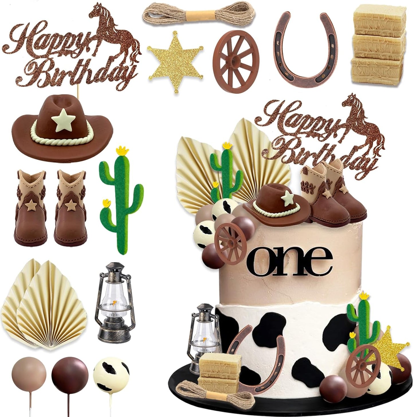 44pcs Cowboy Cake Topper Western Hat and Boot Cupcake Toppers with Balls Cactus and Horseshoe Decorations for Cowboy Theme Birthday Party Baby Shower Supplies